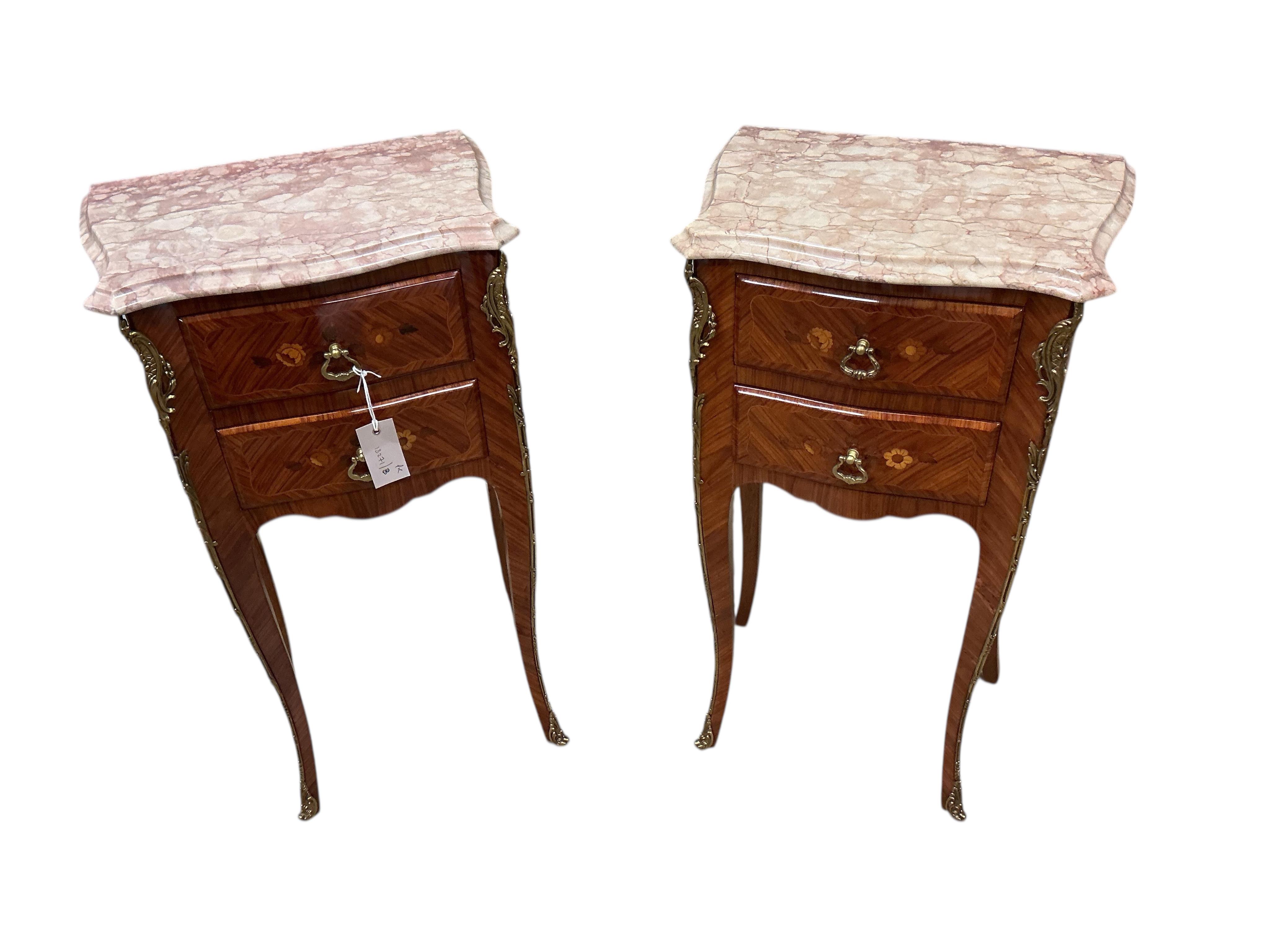 A pair of French inlaid kingwood serpentine marble topped bedside chests, width 38cm, depth 28cm, height 72cm